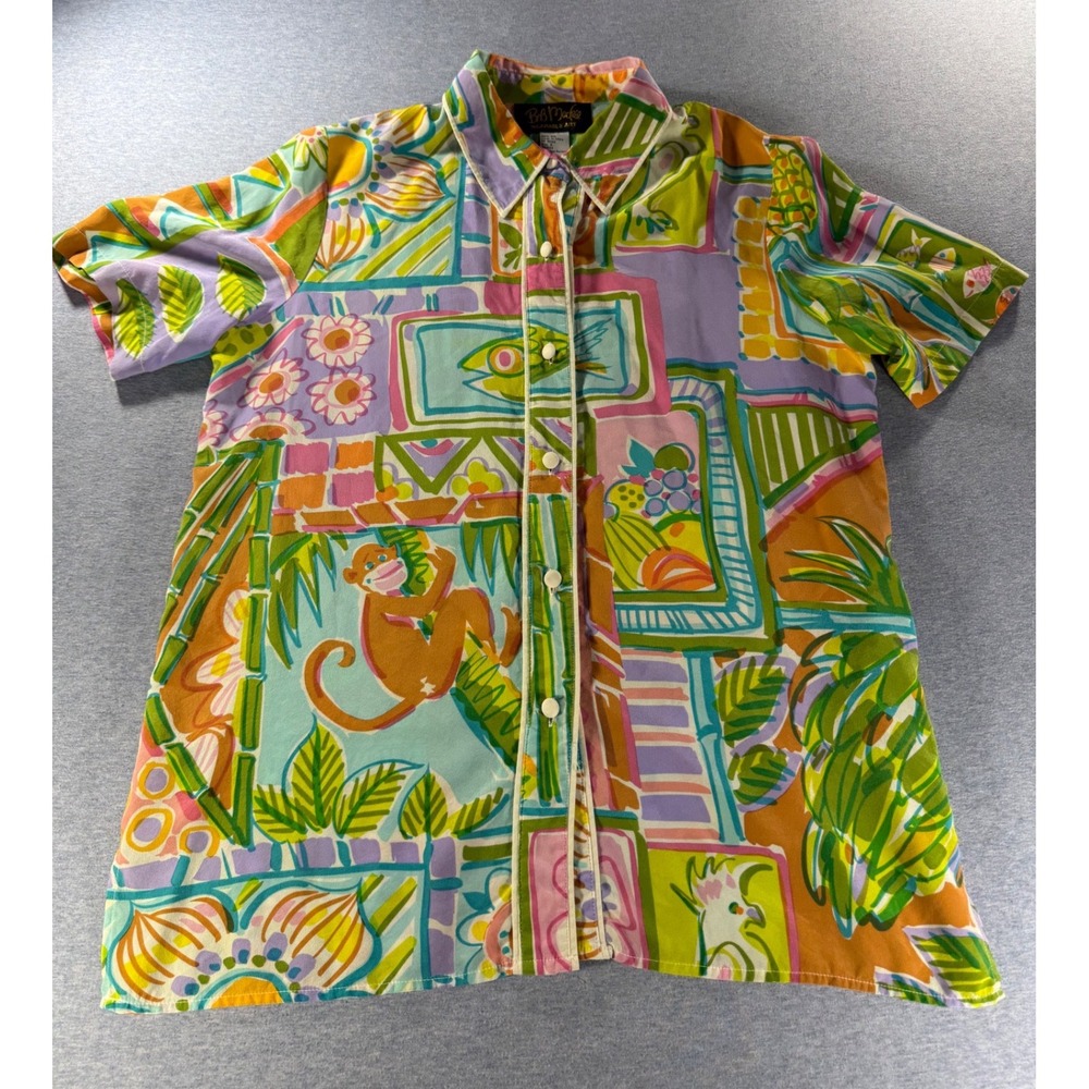 Vintage Bob Mackie Wearable Art 100% Silk Shirt S Monkey Tropical Novelty Print